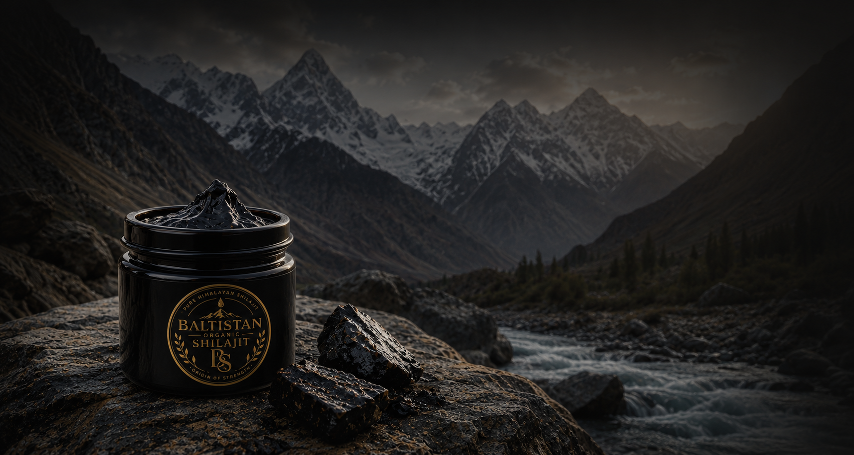 Baltistan Organic Shilajit 100% Pure (salajeet) resin jar in the mountains of Baltistan